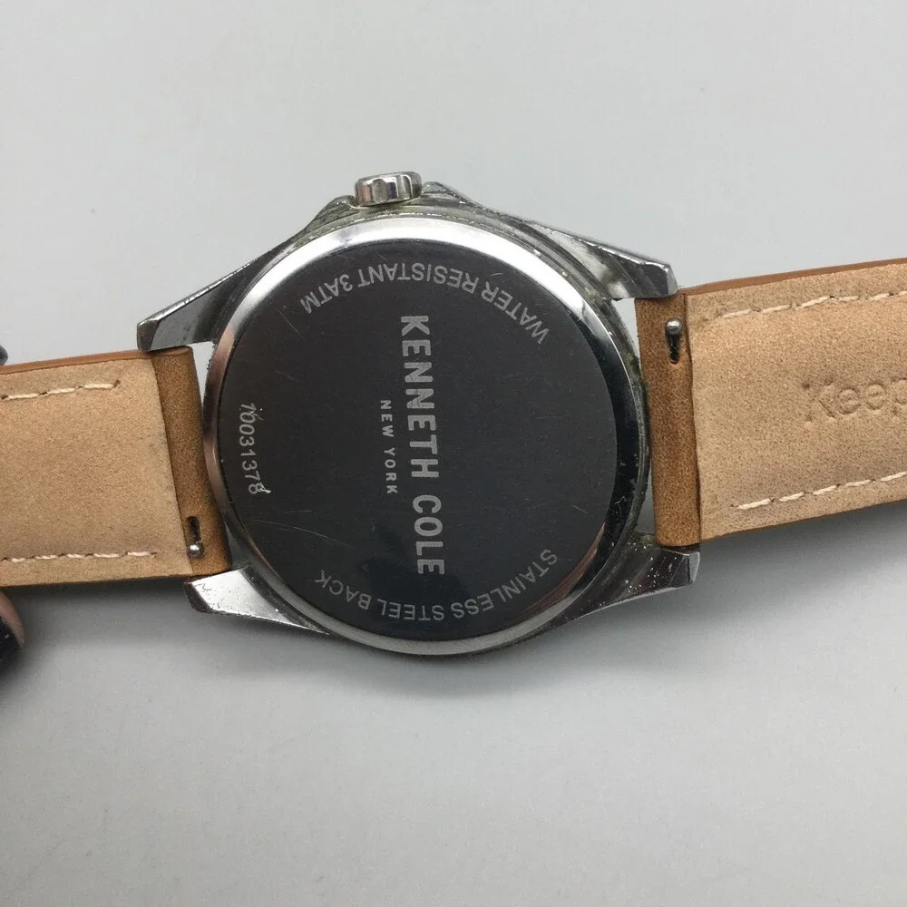 Kenneth Cole R10031374 Mens Watch 42mm Silver Tone Brown Leather New Battery